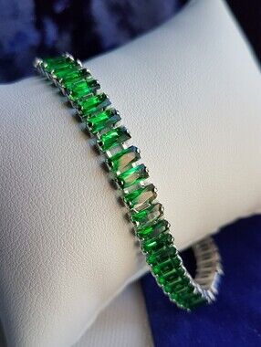 Swarovski Elements Silver Emerald Green Emerald-cut Baguette Tennis Bracelet NEW